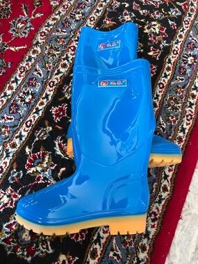 Bright Blue Glossy Rain Boots with Tan Soles